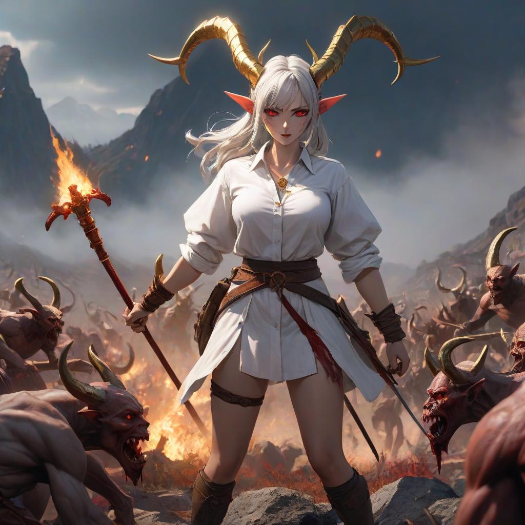  Full length picture. Warrior with demonic horns and golden eyes. She is thin and sinewy. She is dressed in a white men's shirt with rolled up sleeves, plate and in her hands is a mace made of blood. She stands on a mountain of corpses of defeated enemies and laughs. hyperrealistic, full body, detailed clothing, highly detailed, cinematic lighting, stunningly beautiful, intricate, sharp focus, f/1. 8, 85mm, (centered image composition), (professionally color graded), ((bright soft diffused light)), volumetric fog, trending on instagram, trending on tumblr, HDR 4K, 8K