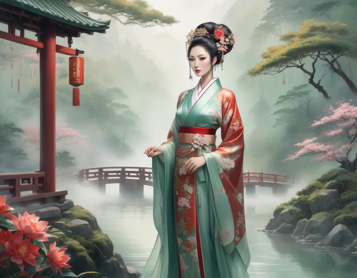  watercolor painting An illustrated woman in traditional Asian attire with elaborate hairstyle stands before a serene, misty forest landscape with a bridge. Create a digital painting of an ethereal Asian woman with pale skin and delicate facial features, standing amidst a fantastical forest environment. She wears a traditional Japanese kimono in shades of emerald green with floral patterns, accented with crimson and gold borders. Her hair is styled in an elaborate Shimada updo, embellished with intricate hairpins and decorations, including Kanzashi with flowers and dangling ornaments. She glances to her side with almond shaped eyes in a subtle shade, exhibiting softly blushed cheeks and traditional makeup with red accents. The background con hyperrealistic, full body, detailed clothing, highly detailed, cinematic lighting, stunningly beautiful, intricate, sharp focus, f/1. 8, 85mm, (centered image composition), (professionally color graded), ((bright soft diffused light)), volumetric fog, trending on instagram, trending on tumblr, HDR 4K, 8K