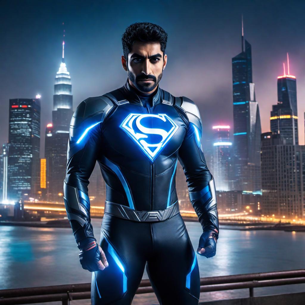  A dynamic and powerful superhero resembling Tony Khan (@TonyKhan). He should have a sleek, modern superhero suit with high-tech elements, reflecting his innovative nature in the wrestling industry. The suit should be primarily dark with accents of vibrant colors like electric blue and silver. Tony’s superhero persona should radiate leadership and determination, with a confident expression. He stands in a heroic pose, with a futuristic cityscape in the background, symbolizing progress and strength. hyperrealistic, full body, detailed clothing, highly detailed, cinematic lighting, stunningly beautiful, intricate, sharp focus, f/1. 8, 85mm, (centered image composition), (professionally color graded), ((bright soft diffused light)), volumetric fog, trending on instagram, trending on tumblr, HDR 4K, 8K