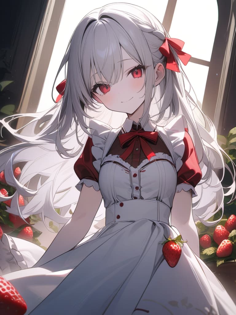  Cute, girl, white skin, fluffy hair, fruit, white hair, red eyes, young face, long hair, thin eyes, thin body, strawberry decoration, maid clothes, frills, red and white clothes, smile, masterpiece, best quality,8k,ultra detailed,high resolution,an extremely delicate and beautiful,hyper detail