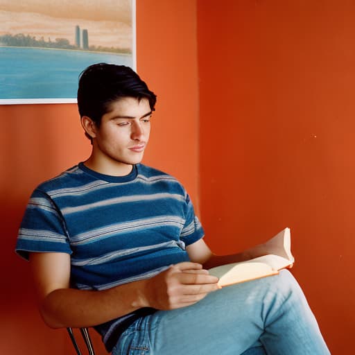 analog style A 22-year-old attractive man studying Spanish sits in a modern, attractive Mexican interior with a book or tablet in Spanish. He is dressed in stylish clothes that emphasize his maturity. In the background, bright Mexican elements such as paintings or decor , highlighting the culture Wear a hat And make a beautiful face This should be a book in Spanish Make beautiful lips