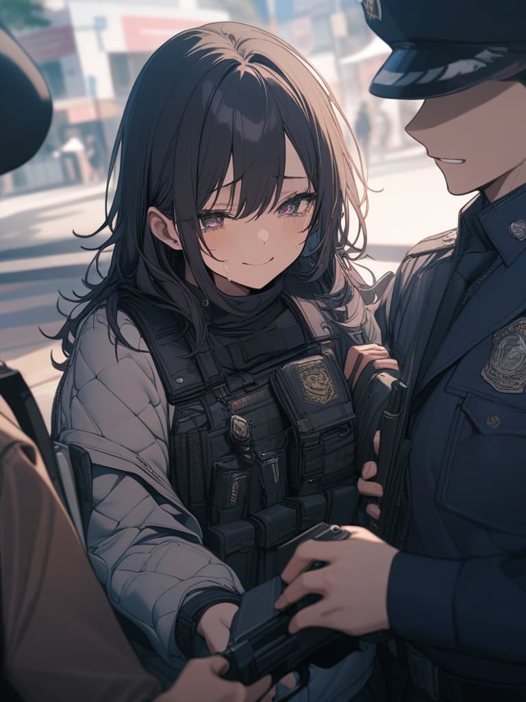  Pistols, crying, police, polyps, holding guns, crying, smiling, emo, emo, shooting with pistols, police officers, masterpiece, best quality,8k,ultra detailed,high resolution,an extremely delicate and beautiful,hyper detail