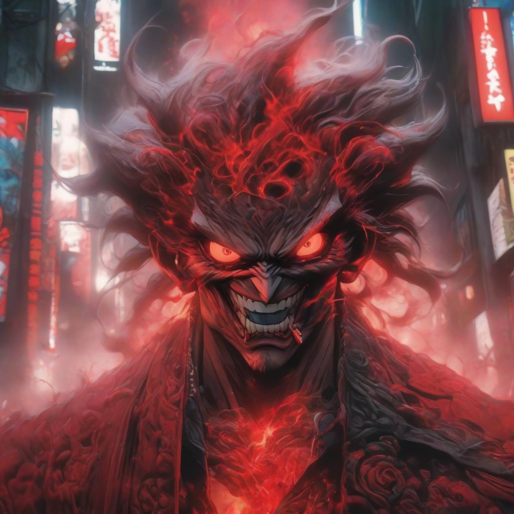  An aggressive anime delinquent with a demonic face, background in red graffiti. hyperrealistic, full body, detailed clothing, highly detailed, cinematic lighting, stunningly beautiful, intricate, sharp focus, f/1. 8, 85mm, (centered image composition), (professionally color graded), ((bright soft diffused light)), volumetric fog, trending on instagram, trending on tumblr, HDR 4K, 8K