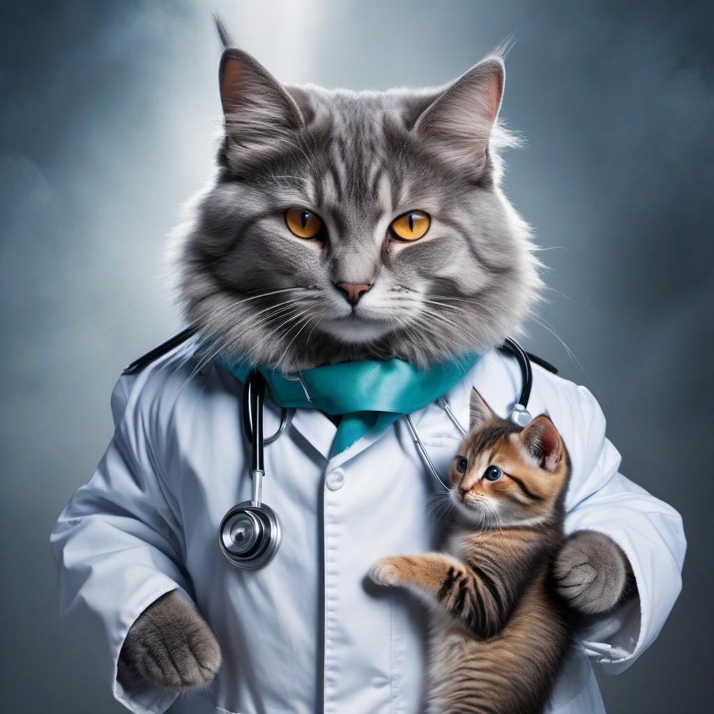  collage style A cat in a coat congratulates a medical worker on Doctor's Day. . mixed media, layered, textural, detailed, artistic hyperrealistic, full body, detailed clothing, highly detailed, cinematic lighting, stunningly beautiful, intricate, sharp focus, f/1. 8, 85mm, (centered image composition), (professionally color graded), ((bright soft diffused light)), volumetric fog, trending on instagram, trending on tumblr, HDR 4K, 8K