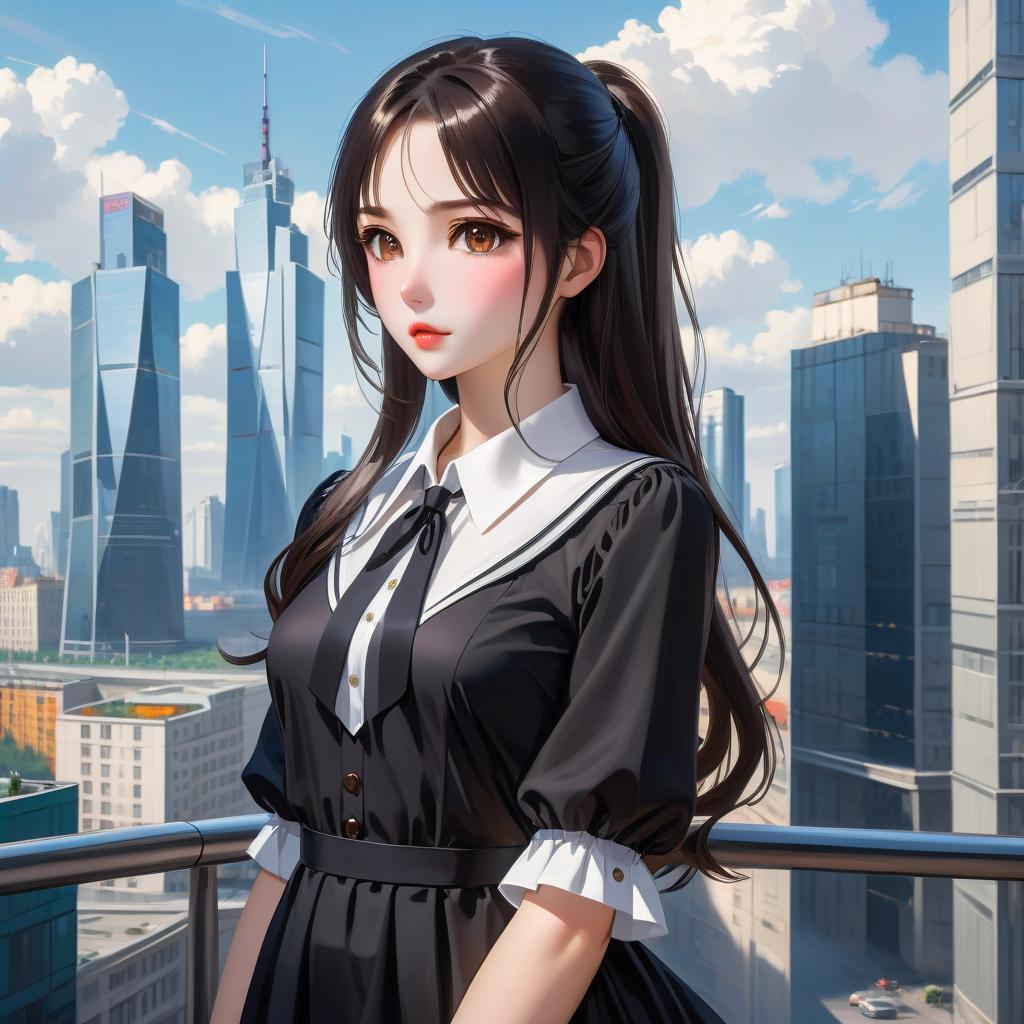  anime artwork beautiful , , white skinned, European, brown eyes, long brown straight hair, side bangs, mole under the lower lip, slender figure, small neat s, dressed in a black dress with a white collar and white cuffs, full length, against the backdrop of a modern city. Skyscrs of Moscow City (photorealism, oil painting: 1.3), (full length shot: 1.3), charming , long flowing black hair, (large sensual mouth: 1.2), plump lips, sparkling brown eyes , narrow waist, (sensual drawing: 1.2), silvery glow, ethereal aura, detailed brushwork, intricate shadows and highlights, mysterious and captivating expression, unique color palette, masterful use of light and shadow, captivating atmosphere, pure emotion, int hyperrealistic, full body, detailed clothing, highly detailed, cinematic lighting, stunningly beautiful, intricate, sharp focus, f/1. 8, 85mm, (centered image composition), (professionally color graded), ((bright soft diffused light)), volumetric fog, trending on instagram, trending on tumblr, HDR 4K, 8K