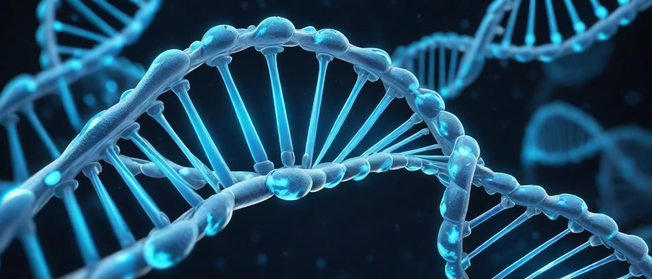  A digital representation of a DNA helix with glowing blue strands, set against a futuristic, abstract background. The scene is filled with elements of medical biotechnology, including 3D molecular structures and genetic symbols. The overall aesthetic is sleek, modern, and highly detailed, evoking the cutting edge nature of genetic research. high tech design neon blue complex molecular details scientific innovation, high quality, high details, HD, perfect composition, 4k epic detailed, highly detailed, sharp focus, high resolution