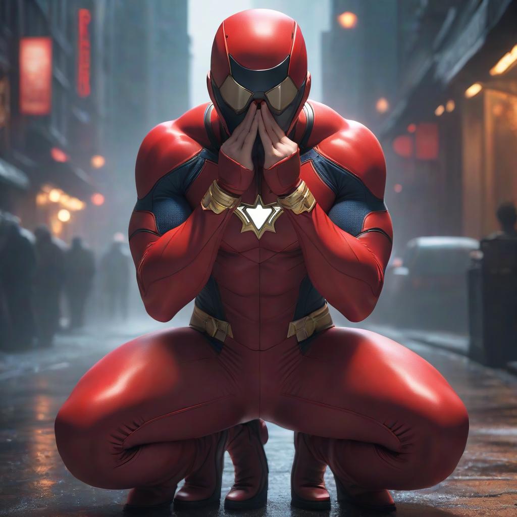  ashamed embarrassed man hero in red tight suit hands on cheeks hyperrealistic, full body, detailed clothing, highly detailed, cinematic lighting, stunningly beautiful, intricate, sharp focus, f/1. 8, 85mm, (centered image composition), (professionally color graded), ((bright soft diffused light)), volumetric fog, trending on instagram, trending on tumblr, HDR 4K, 8K