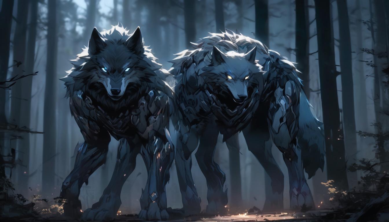  hyperrealism,fantasy aestheticA wolf standing with hackles raised, teeth bared, eyes fierce, forest background with shadows cast by moonlight, defiance, warning, tension, high tech clothing clad in sleek, futuristic costume with metallic accents and form fitting designs, marvel superhero comics style, unreal engine rendering