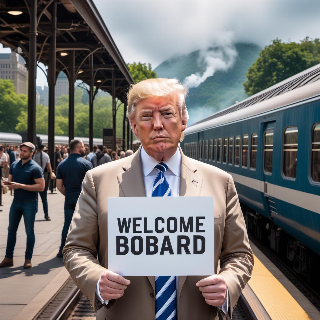  Donald Trump standing in front of a train station, holding a sign that says 'ALL GEN X WELCOME ABOARD'. The scene is lively, with people around and a classic train station setup with trains visible in the background. hyperrealistic, full body, detailed clothing, highly detailed, cinematic lighting, stunningly beautiful, intricate, sharp focus, f/1. 8, 85mm, (centered image composition), (professionally color graded), ((bright soft diffused light)), volumetric fog, trending on instagram, trending on tumblr, HDR 4K, 8K