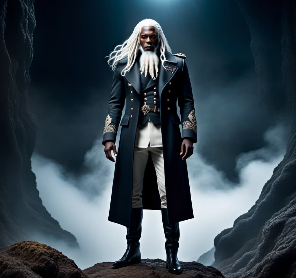  lovecraftian horror A black skinned soldier, in a coat, with a beard, long white hair, stands tall, well built, height of 2 meters. . eldritch, cosmic horror, unknown, mysterious, surreal, highly detailed hyperrealistic, full body, detailed clothing, highly detailed, cinematic lighting, stunningly beautiful, intricate, sharp focus, f/1. 8, 85mm, (centered image composition), (professionally color graded), ((bright soft diffused light)), volumetric fog, trending on instagram, trending on tumblr, HDR 4K, 8K