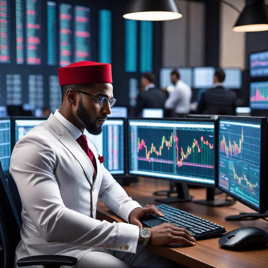  A Moorish American man trading stocks on his computer. The man is wearing a fez and traditional clothing, sitting at a modern desk with multiple computer screens showing stock market charts and trading platforms. The background features a contemporary office with elements of Moorish design, like ornate patterns and arches, blending the traditional with the modern. The man looks focused and engaged, using a mouse and keyboard to make trades. hyperrealistic, full body, detailed clothing, highly detailed, cinematic lighting, stunningly beautiful, intricate, sharp focus, f/1. 8, 85mm, (centered image composition), (professionally color graded), ((bright soft diffused light)), volumetric fog, trending on instagram, trending on tumblr, HDR 4K, 8K