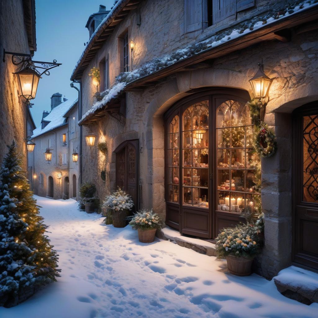  No people. A small village in France is covered in snow. In the style of Jean Baptiste Monge, old Gothic stone rickety buildings. Christmas Eve. Night, a bright star is burning in the sky. Christmas decorations hang on the doors of buildings and lights shine in the windows. Details. Lots of embellishments and small details, detailed look. soft colors, HDR, 4K hyperrealistic, full body, detailed clothing, highly detailed, cinematic lighting, stunningly beautiful, intricate, sharp focus, f/1. 8, 85mm, (centered image composition), (professionally color graded), ((bright soft diffused light)), volumetric fog, trending on instagram, trending on tumblr, HDR 4K, 8K