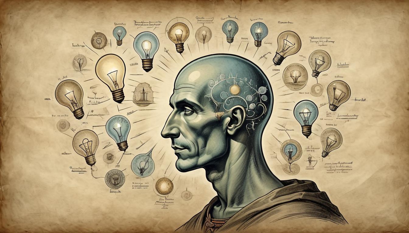  on parchment, surrealism+++, A thoughtful figure with a halo of light bulbs, symbolizing innovative thoughts, intricate design, luminous, creative aura, introspective, contemplative mood(mysterious, provocative, symbolic,muted color)+++