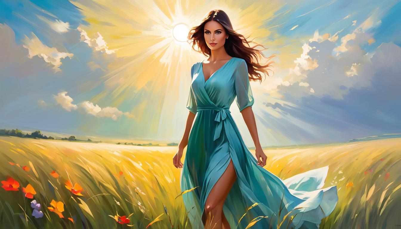  oil paintingAttractive woman with simple dress, glowing aura, standing in a meadow, soft sunlight, understated power(energetic brushwork, bold vibrant colors, expressive, emotional,bold brush, oil stroke, raw, emotional, dynamic, distortion for emotional effect, detailed,beautiful, loose brushwork, light and shadow play, captures feeling over form, balanced color