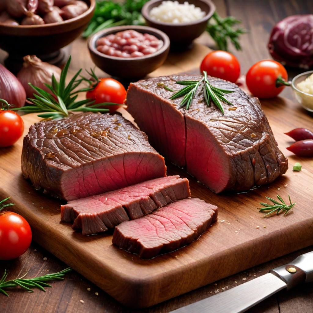  A fresh piece of beef liver on a cutting board hyperrealistic, full body, detailed clothing, highly detailed, cinematic lighting, stunningly beautiful, intricate, sharp focus, f/1. 8, 85mm, (centered image composition), (professionally color graded), ((bright soft diffused light)), volumetric fog, trending on instagram, trending on tumblr, HDR 4K, 8K