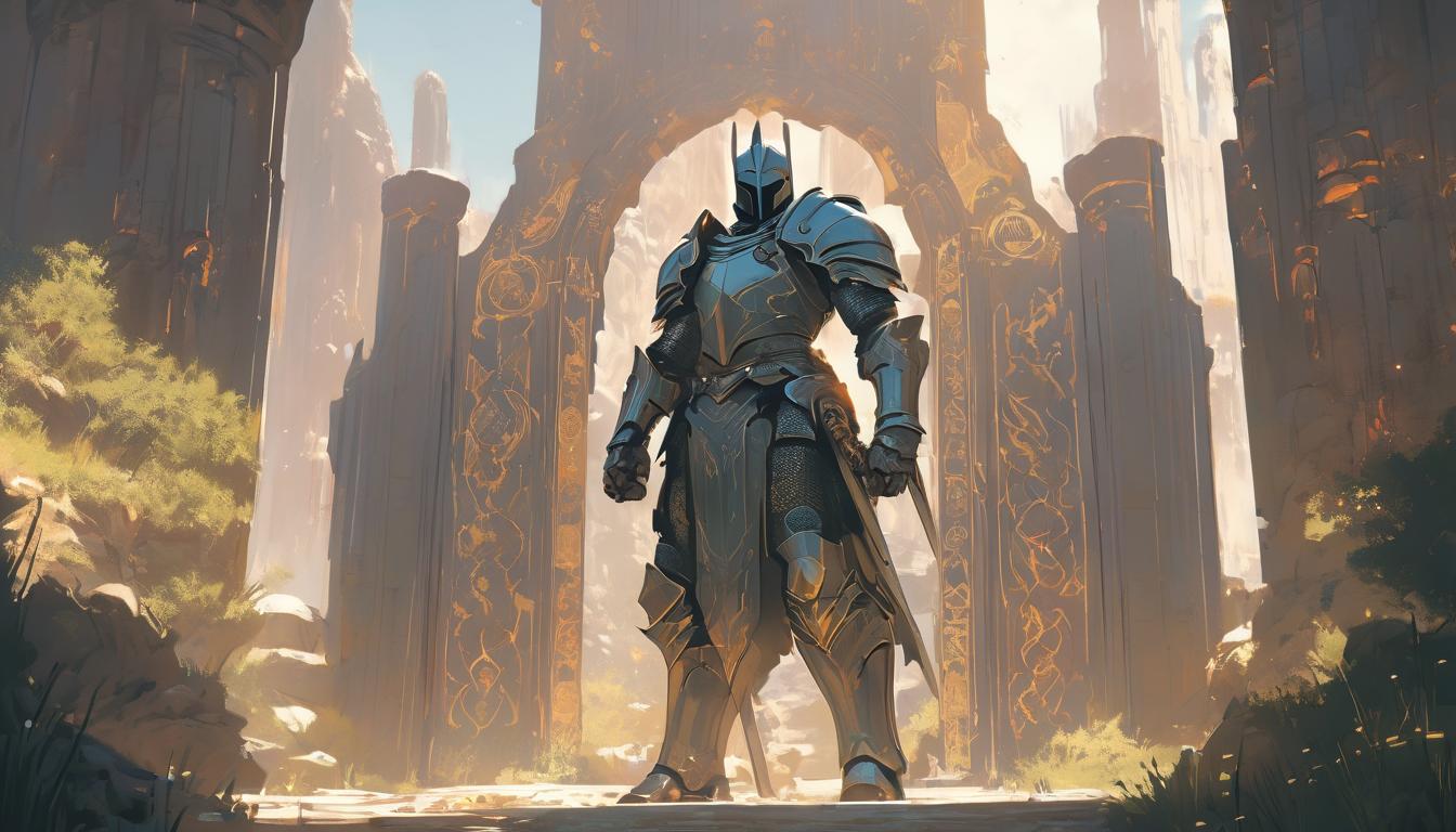  hyperrealism,fantasy aestheticA knight in shining armor stands before a mystical gate, gate adorned with ancient symbols, rugged terrain behind, mood of sacred trial and fortification, high tech clothing clad in sleek, futuristic costume with metallic accents and form fitting designs, marvel superhero comics style, unreal engine rendering