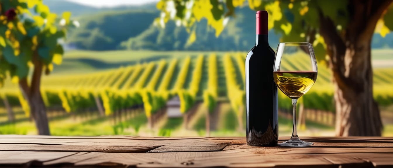  best quality, HD, Empty wood table top with a glass of wine on blurred vineyard landscape background, for display or montage your products. Agriculture winery and wine tasting concept.