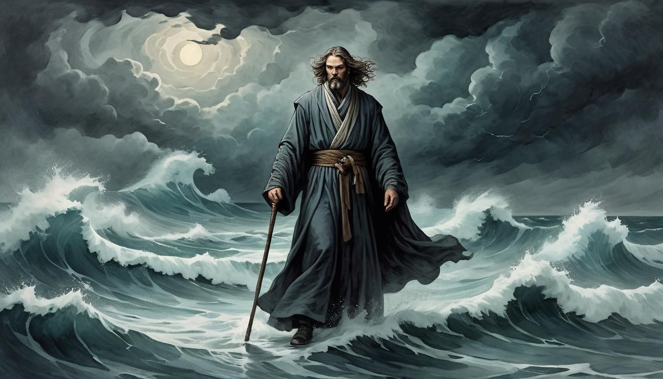  on parchment, surrealism+++, A robed figure standing amidst a stormy sea, waves crashing around, unwavering stance, resilience, determination, dark skies, turbulent atmosphere(mysterious, provocative, symbolic,muted color)+++