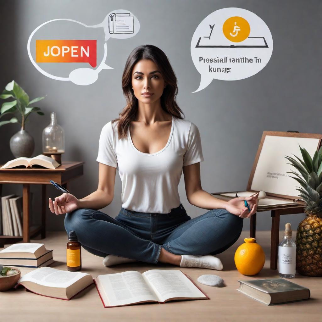  Visual representation of coping mechanisms for depression and anxiety. A tranquil scene with a person meditating in a calm environment. Around them, icons depict talking to someone (speech bubbles), physical activity (running figure or yoga), healthy lifestyle (fruit and water bottle), journaling (open journal with pen), breathing exercises (lungs with airflow), a calendar for routines, boundary markings (no entry signs), engaging in hobbies (paintbrush and book), and a therapist's couch representing professional help. hyperrealistic, full body, detailed clothing, highly detailed, cinematic lighting, stunningly beautiful, intricate, sharp focus, f/1. 8, 85mm, (centered image composition), (professionally color graded), ((bright soft diffused light)), volumetric fog, trending on instagram, trending on tumblr, HDR 4K, 8K