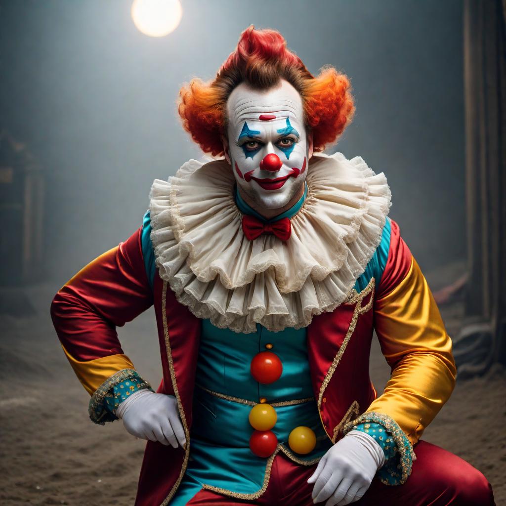  Seth Rogen dressed as a clown. Make sure he has a colorful and fun clown outfit, with a red nose, big shoes, and a joyful expression on his face. hyperrealistic, full body, detailed clothing, highly detailed, cinematic lighting, stunningly beautiful, intricate, sharp focus, f/1. 8, 85mm, (centered image composition), (professionally color graded), ((bright soft diffused light)), volumetric fog, trending on instagram, trending on tumblr, HDR 4K, 8K