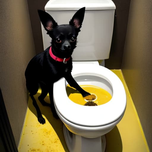  Black chihuahua, zombie, toilet seat, feces, yellow puddle, specter, scary, bad.