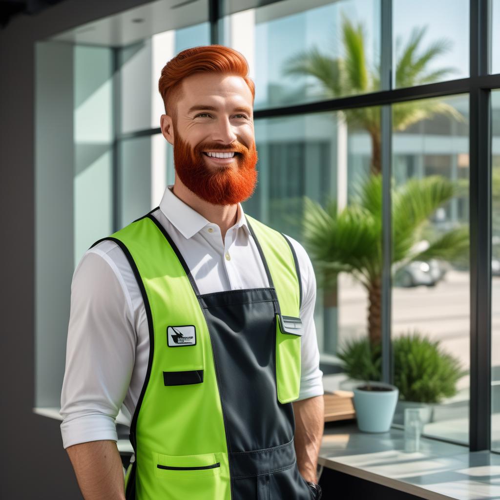  A business logo featuring a cartoon character with a red beard holding a squeegee over his shoulder and wearing a hat. The character is cheerful and friendly. The logo should incorporate the colors lime green, green, blue, and black. The business name 'Clear View Window Cleaners' should be prominently displayed. In the background, include a window and a palm tree, creating a clean and fresh look. The overall design should be modern and professional, suitable for a window cleaning business. hyperrealistic, full body, detailed clothing, highly detailed, cinematic lighting, stunningly beautiful, intricate, sharp focus, f/1. 8, 85mm, (centered image composition), (professionally color graded), ((bright soft diffused light)), volumetric fog, trending on instagram, trending on tumblr, HDR 4K, 8K