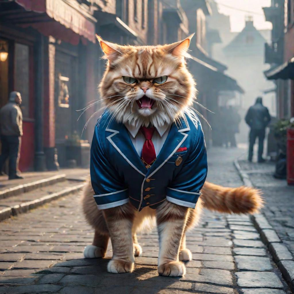  angry cat hyperrealistic, full body, detailed clothing, highly detailed, cinematic lighting, stunningly beautiful, intricate, sharp focus, f/1. 8, 85mm, (centered image composition), (professionally color graded), ((bright soft diffused light)), volumetric fog, trending on instagram, trending on tumblr, HDR 4K, 8K