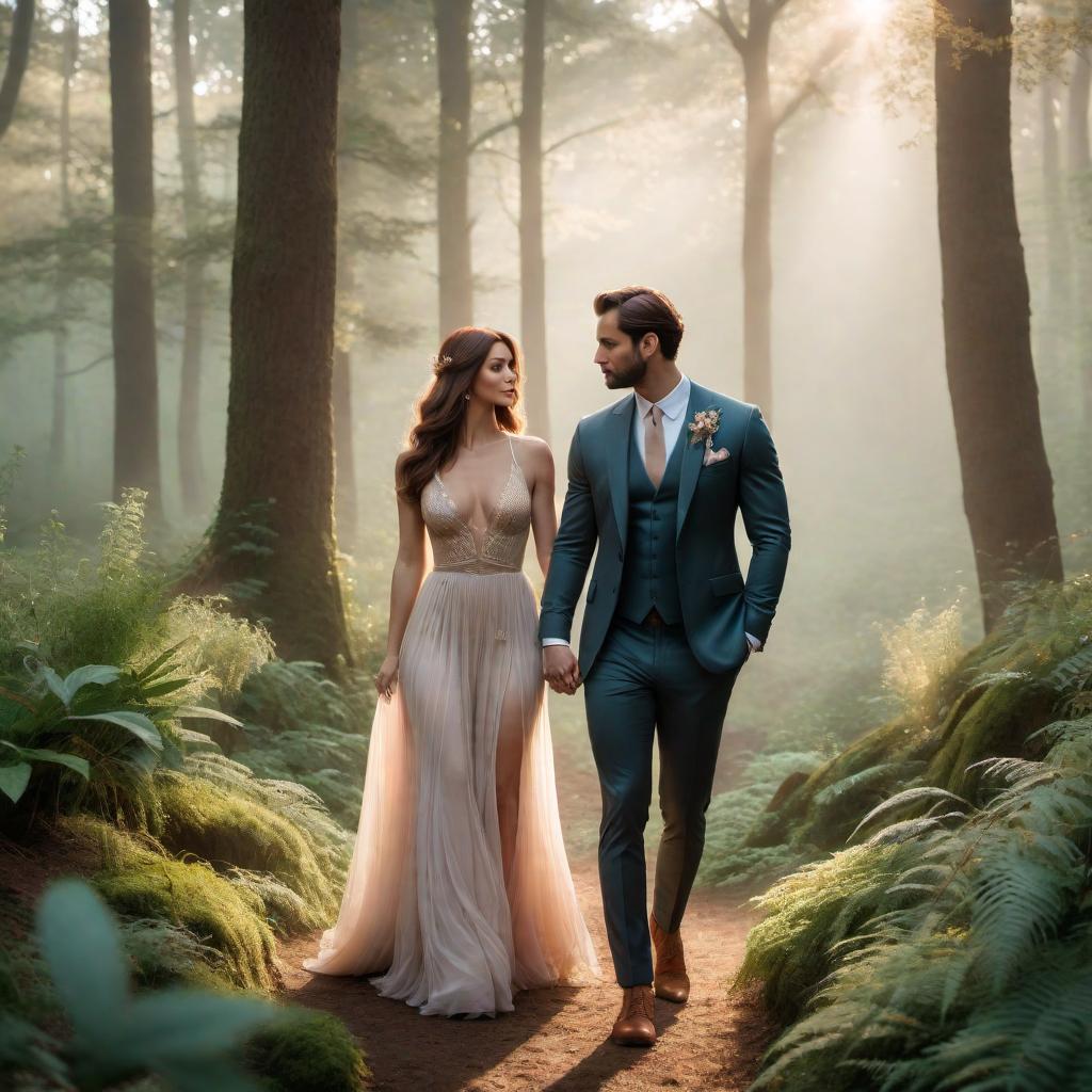  A couple labeled 'Aries' and 'Capricorn,' walking hand-in-hand through a serene, wooded area. The scene captures a relaxed, intimate moment between them. The image should have a dreamy, fantasy lo-fi aesthetic, with soft muted colors, grainy textures, warm lighting, whimsical elements like glowing fairy lights, ethereal mist, and sparkles. The overall vibe should be calm, nostalgic, and magical. hyperrealistic, full body, detailed clothing, highly detailed, cinematic lighting, stunningly beautiful, intricate, sharp focus, f/1. 8, 85mm, (centered image composition), (professionally color graded), ((bright soft diffused light)), volumetric fog, trending on instagram, trending on tumblr, HDR 4K, 8K