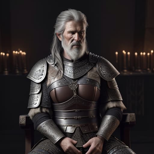  Highest quality, masterpiece, photorealistic, medium shot, RAW photo, of (a weary-looking but still proud and fierce-looking old Viking warrior, now the leader of his village, dressed in elaborately detailed chain mail and leather armour, sitting on a carved wooden throne furrowed with Viking runes and symbols, in the village meeting hall, on his lap rests an elaborately carved and beautifully crafted longsword, a few torches burn on the walls, giving the scene a dark atmosphere but sculpting the forms in sharp chiaroscuro), it is night time, (highly detailed skin), skin texture, (detailed face), detailed background, sharp focus, dark lighting, twilight lighting, volumetric lighting, highly detailed, intricate details, 8k, highly detailed,  hyperrealistic, full body, detailed clothing, highly detailed, cinematic lighting, stunningly beautiful, intricate, sharp focus, f/1. 8, 85mm, (centered image composition), (professionally color graded), ((bright soft diffused light)), volumetric fog, trending on instagram, trending on tumblr, HDR 4K, 8K