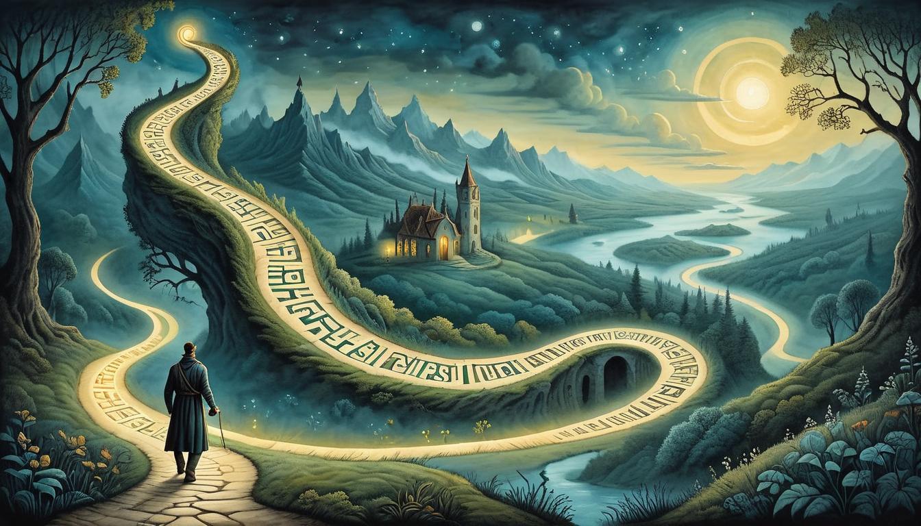  on parchment, surrealism+++, Traveler on a winding path, holding an illuminated DNA strand, landscape shifting from dark to light, symbolic of potential and empowerment, inspirational and guiding(mysterious, provocative, symbolic,muted color)+++