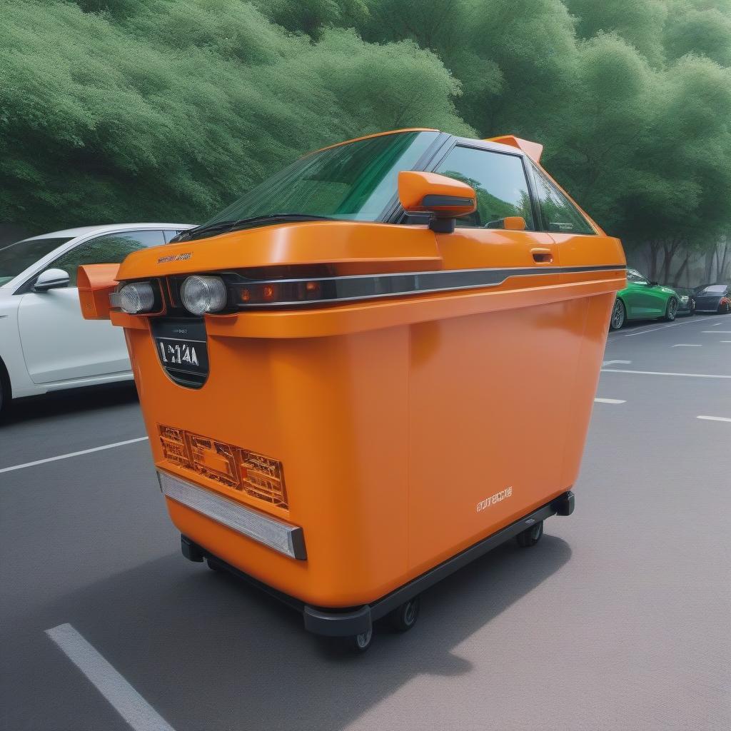  My Promt: This image should have in the foreground: this 🍊 container and a green car.The car consists of a cockpit and a cargo planning.The folding side of the cargo platform is also green.The car is located in the rear side to the container to the left of the container hyperrealistic, full body, detailed clothing, highly detailed, cinematic lighting, stunningly beautiful, intricate, sharp focus, f/1. 8, 85mm, (centered image composition), (professionally color graded), ((bright soft diffused light)), volumetric fog, trending on instagram, trending on tumblr, HDR 4K, 8K