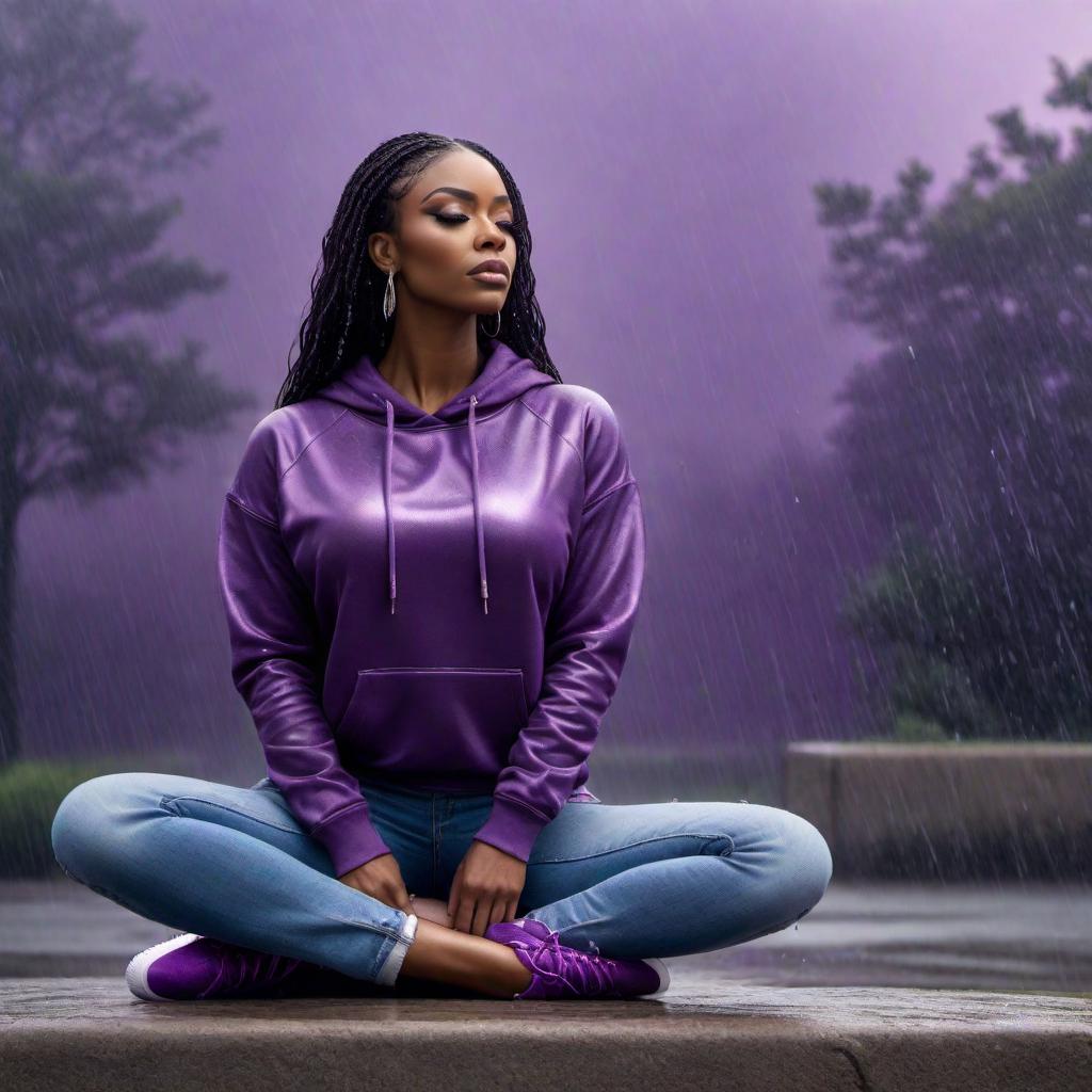  Black woman with long hair on her knees praying wearing purple sweatshirt and jeans with purple sneakers on, with rain falling in the background. hyperrealistic, full body, detailed clothing, highly detailed, cinematic lighting, stunningly beautiful, intricate, sharp focus, f/1. 8, 85mm, (centered image composition), (professionally color graded), ((bright soft diffused light)), volumetric fog, trending on instagram, trending on tumblr, HDR 4K, 8K