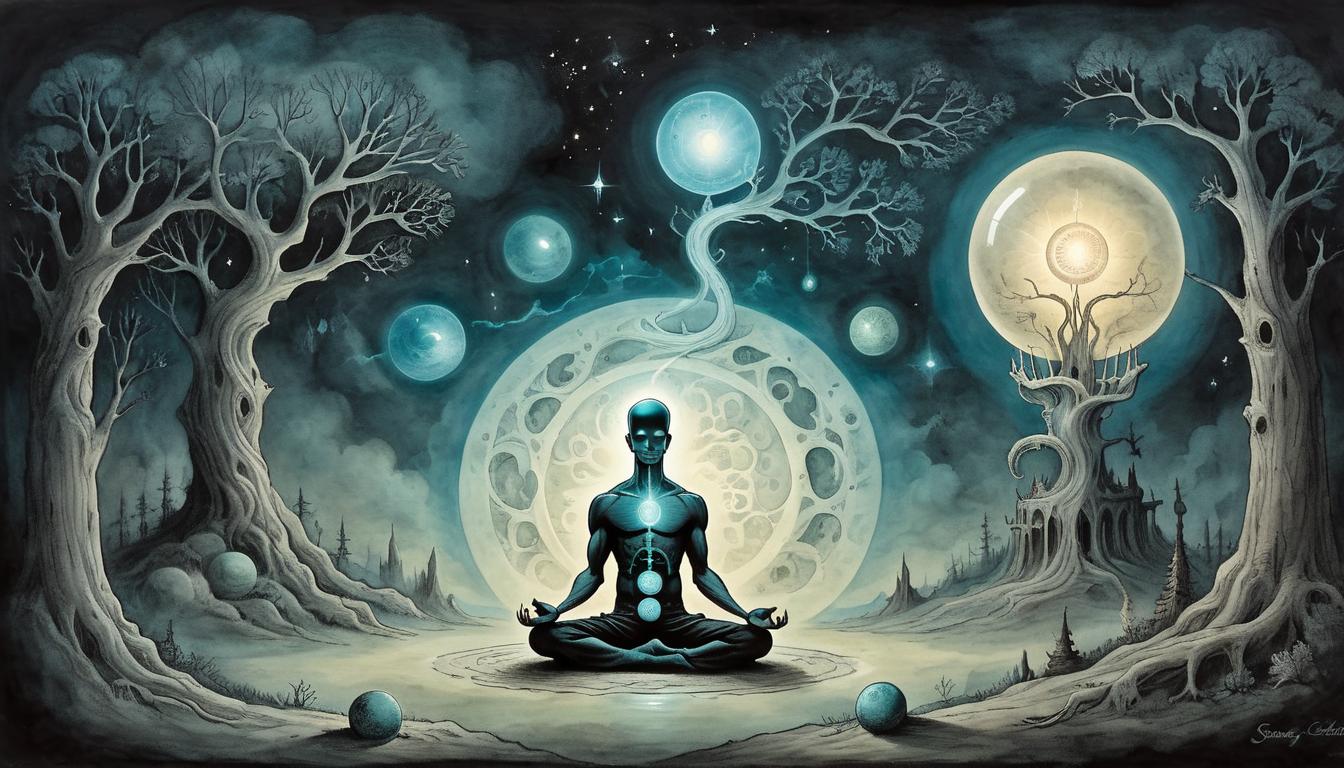  on parchment, surrealism+++, A meditating figure with a glowing orb near their digestive system, dark and tranquil setting, sacred and serene, ethereal light subtly highlighting internal organs, focus on inner balance(mysterious, provocative, symbolic,muted color)+++