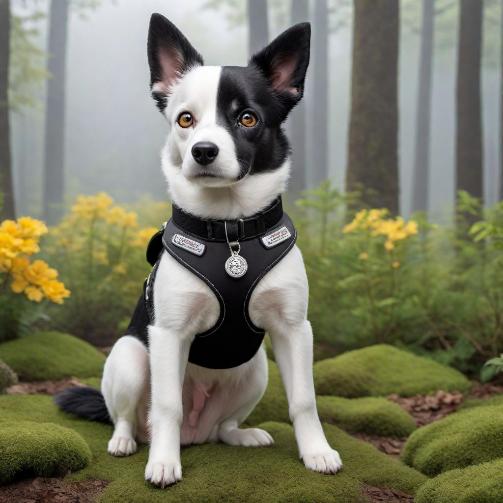  Create an animated cartoon of a small black and white dog resembling Winnie, the service dog, with one eye having a patch over it and the other eye without a patch, featuring cute and endearing details and playful expressions. hyperrealistic, full body, detailed clothing, highly detailed, cinematic lighting, stunningly beautiful, intricate, sharp focus, f/1. 8, 85mm, (centered image composition), (professionally color graded), ((bright soft diffused light)), volumetric fog, trending on instagram, trending on tumblr, HDR 4K, 8K