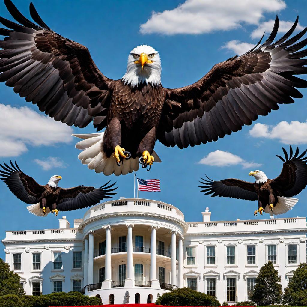  President Trump, Steve Bannon, General Flynn, Rep Tim Byron, and founding fathers armed with AR-15s protecting the White House on a clear beautiful day. In the sky above, there are two eagles flying and two F35 fighter jets. hyperrealistic, full body, detailed clothing, highly detailed, cinematic lighting, stunningly beautiful, intricate, sharp focus, f/1. 8, 85mm, (centered image composition), (professionally color graded), ((bright soft diffused light)), volumetric fog, trending on instagram, trending on tumblr, HDR 4K, 8K