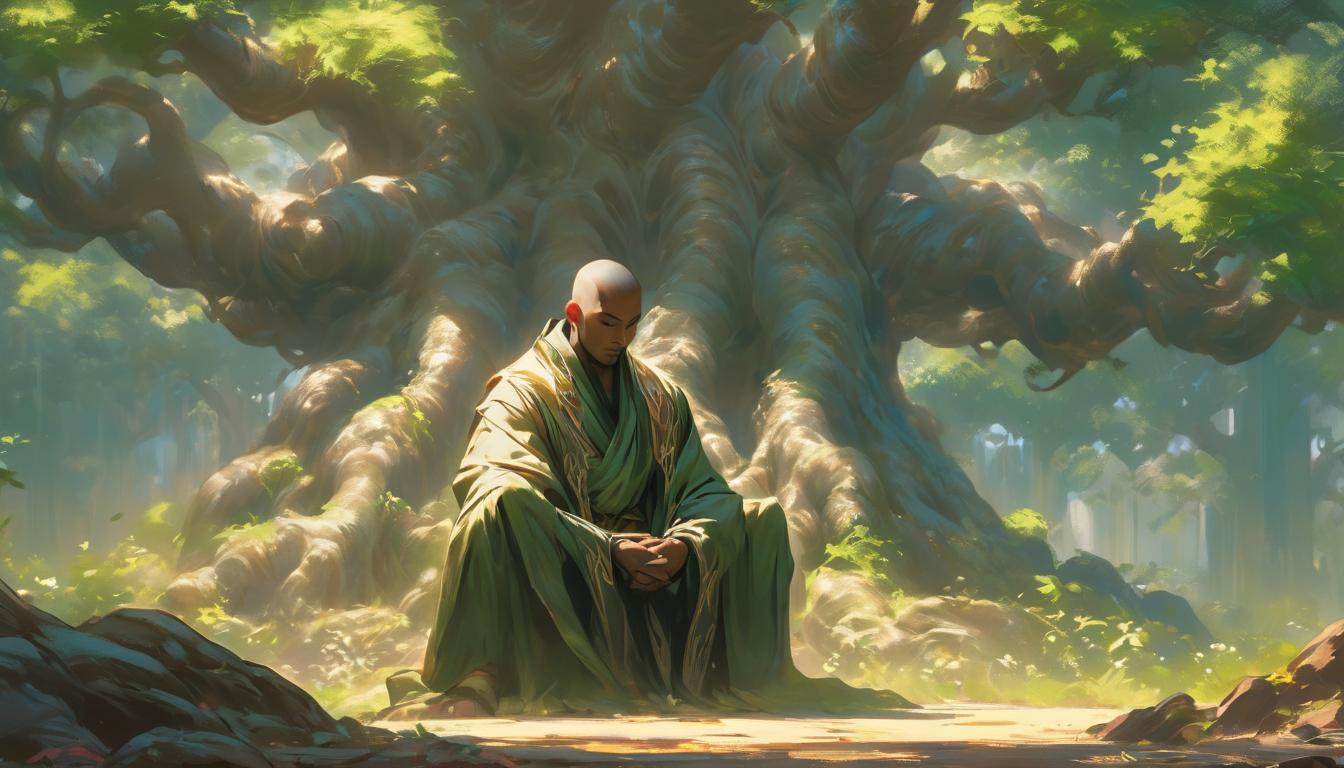  hyperrealism,fantasy aestheticA serene monk meditating under a large tree, roots winding around the base, sunlight filtering through leaves, peaceful expression, robes flowing, calm, centered, mastery of emotions, high tech clothing clad in sleek, futuristic costume with metallic accents and form fitting designs, marvel superhero comics style, unreal engine rendering