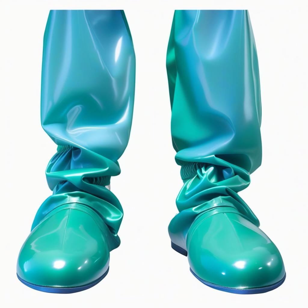  On feet are worn, trousers, stuffed, in smooth, non pleated, high waisted surgical shorts like shoes, with upper elastic cuffs made of shiny latex, the lower part (from sole to ankle: 1.2), (dark green: 1.3), the upper part (from ankle to knee: 1.2), (dark blue: 1.3) hyperrealistic, full body, detailed clothing, highly detailed, cinematic lighting, stunningly beautiful, intricate, sharp focus, f/1. 8, 85mm, (centered image composition), (professionally color graded), ((bright soft diffused light)), volumetric fog, trending on instagram, trending on tumblr, HDR 4K, 8K