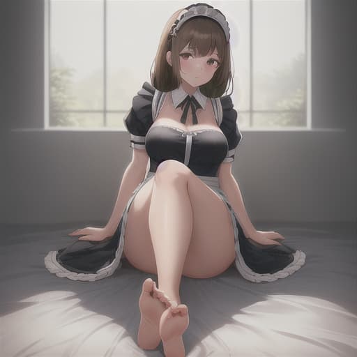  (score 9,score 8 up,score 7 up,),1girl,solo,maid,maid headdress,looking at viewer,apron,brown hair,indoors,black hair,bare foot,feet focus,two feet, hotpans, blonde hyperrealistic, full body, detailed clothing, highly detailed, cinematic lighting, stunningly beautiful, intricate, sharp focus, f/1. 8, 85mm, (centered image composition), (professionally color graded), ((bright soft diffused light)), volumetric fog, trending on instagram, trending on tumblr, HDR 4K, 8K