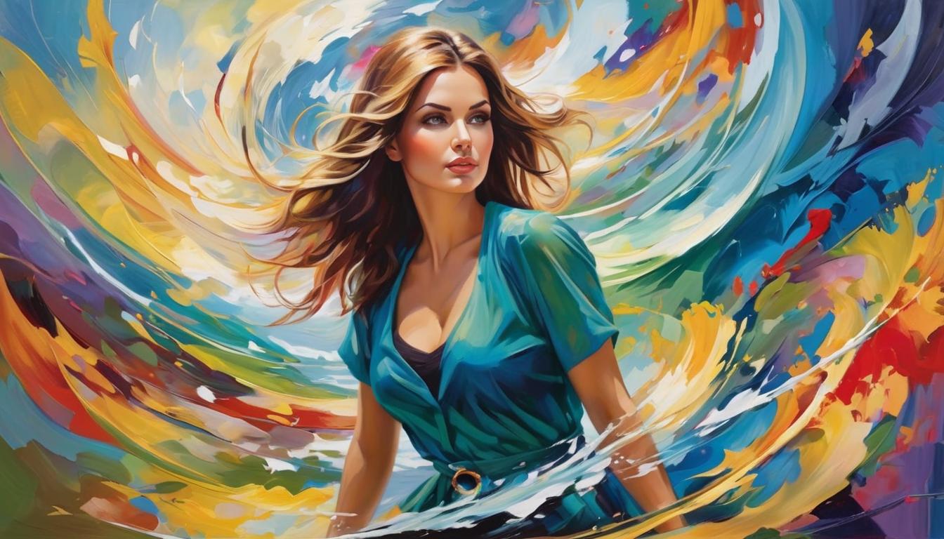  oil paintingAn attractive woman standing amidst swirling chaos, a calm center around her, chaos of earthly relationships, vibrant yet chaotic colors, contrasting peace and turbulence.(energetic brushwork, bold vibrant colors, expressive, emotional,bold brush, oil stroke, raw, emotional, dynamic, distortion for emotional effect, detailed,beautiful, loose brushwork, light and shadow play, captures feeling over form, balanced color