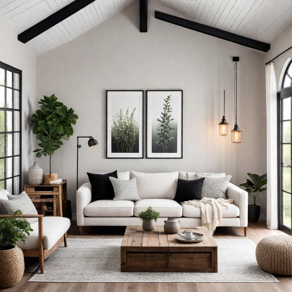  A visualization of a barn-style living room transformed into a modern farmhouse style. The room features neutral colors, mainly white and light gray, with black and dark gray accents. It includes a large, comfortable sofa in a neutral tone with modern, black and white patterned throw pillows. The coffee table is made of reclaimed wood with minimalistic black metal accents. The flooring is light-colored wood. The room has modern farmhouse lighting fixtures with black metal finishes. Large windows with simple, airy white curtains let in plenty of natural light. Decor elements include black-framed mirrors, white-washed wooden shelves, modern art prints, and potted plants in modern planters. The overall atmosphere is cozy and inviting, perfectl hyperrealistic, full body, detailed clothing, highly detailed, cinematic lighting, stunningly beautiful, intricate, sharp focus, f/1. 8, 85mm, (centered image composition), (professionally color graded), ((bright soft diffused light)), volumetric fog, trending on instagram, trending on tumblr, HDR 4K, 8K