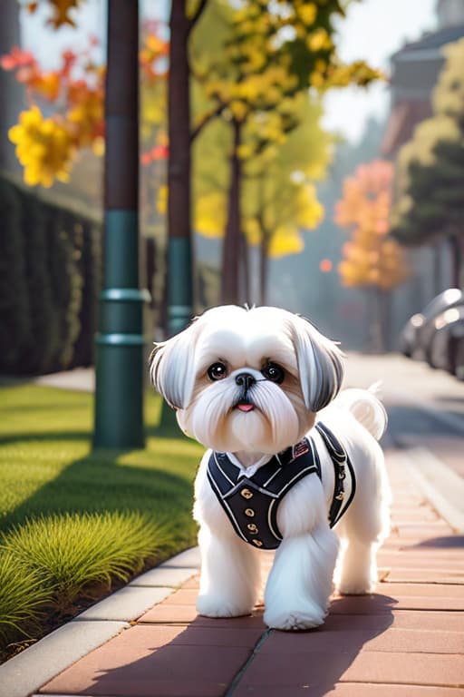  Old man wearing suspenders is walking an adorable white Shih Tzu with drooping black ears down the sidewalk of an upscale suburban neighborhood. He is using one strap of the suspenders as a leash. Show old man walking the cute Shih Tzu hyperrealistic, full body, detailed clothing, highly detailed, cinematic lighting, stunningly beautiful, intricate, sharp focus, f/1. 8, 85mm, (centered image composition), (professionally color graded), ((bright soft diffused light)), volumetric fog, trending on instagram, trending on tumblr, HDR 4K, 8K