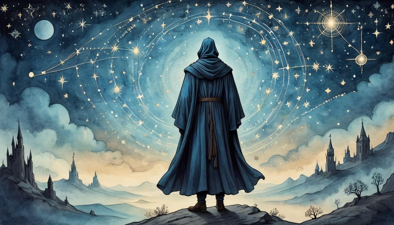  on parchment, surrealism+++, A robed figure standing under a starry sky, stars forming a unique constellation above, the constellation glowing, sense of destiny, chosen, celestial guidance(mysterious, provocative, symbolic,muted color)+++