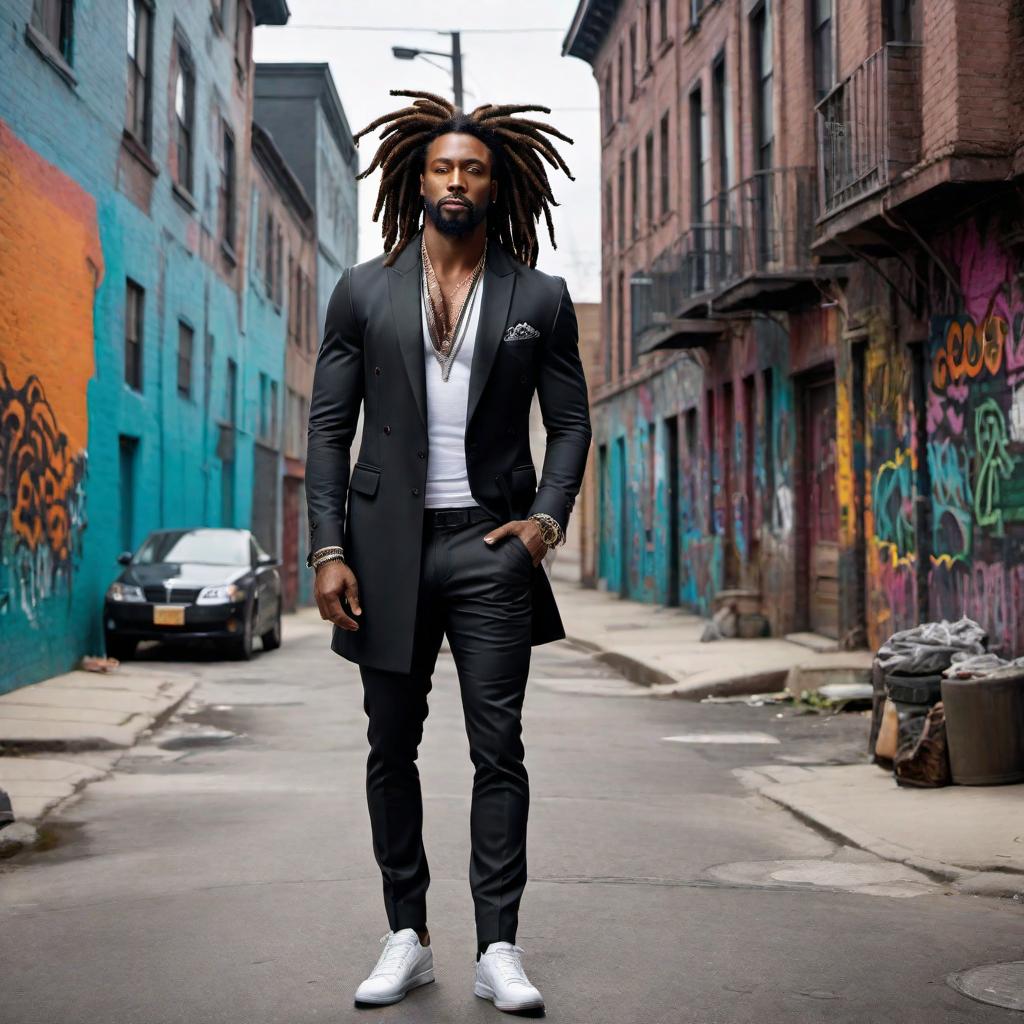  A well-dressed black man from the urban era with dreadlocks. He is stylishly dressed in fashionable urban attire, exuding confidence and sophistication. The background showcases a gritty urban neighborhood with projects buildings and street art, capturing the essence of urban culture and diversity. hyperrealistic, full body, detailed clothing, highly detailed, cinematic lighting, stunningly beautiful, intricate, sharp focus, f/1. 8, 85mm, (centered image composition), (professionally color graded), ((bright soft diffused light)), volumetric fog, trending on instagram, trending on tumblr, HDR 4K, 8K