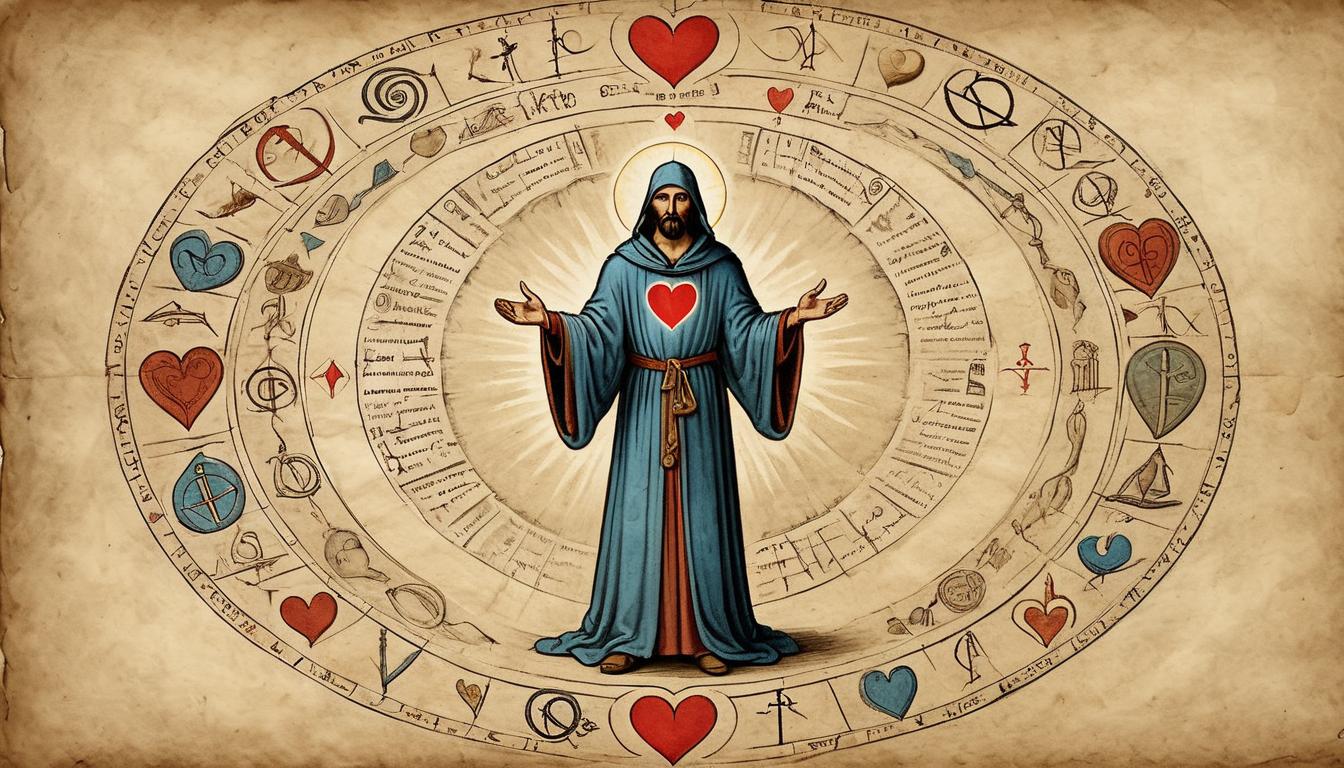  on parchment, surrealism+++, A robed figure, heart radiating with light, standing firmly in a circle of ancient symbols, steadfast, resolute, spiritual awakening(mysterious, provocative, symbolic,muted color)+++