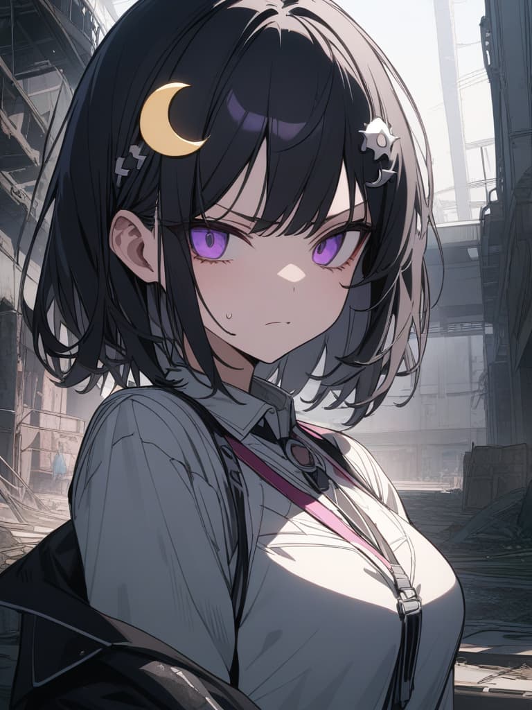  anger,glaring,murderous intent,closing mouth,abandoned factory,beige tentacles,beige tentacles,cool girl,Black hair,(purple eyes),short,cropped hair,crescent moon hair ornament,, masterpiece, best quality,8k,ultra detailed,high resolution,an extremely delicate and beautiful,hyper detail