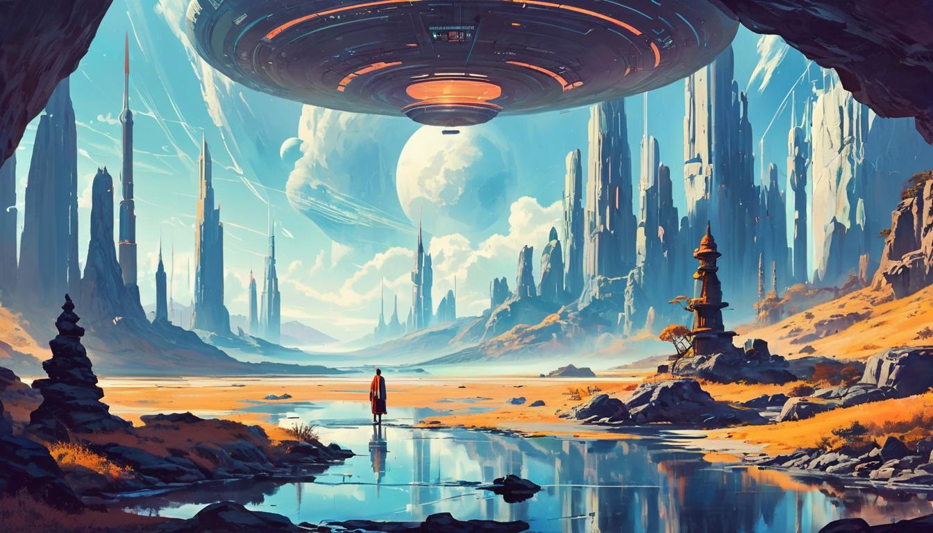  retro futuristic individual practicing meditation, calm environment, serene landscape, channeling emotions, balanced energy, tranquility, inner peace lvintage sci fi, 50s and 60s style, atomic age, vibrant, highly detailed