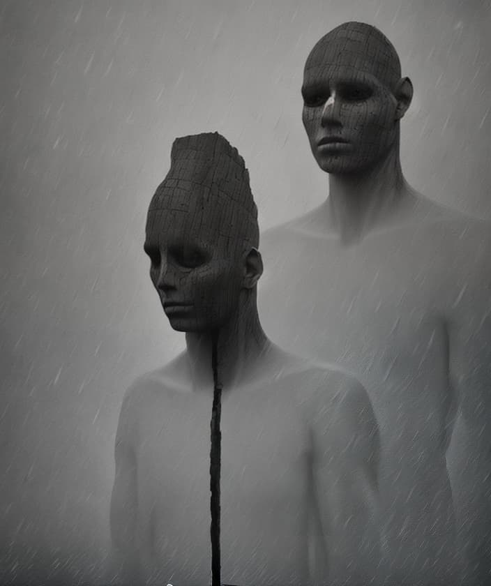 portrait+ style mannequins Beksiński pain fear guillotine chessboard death time cry rain