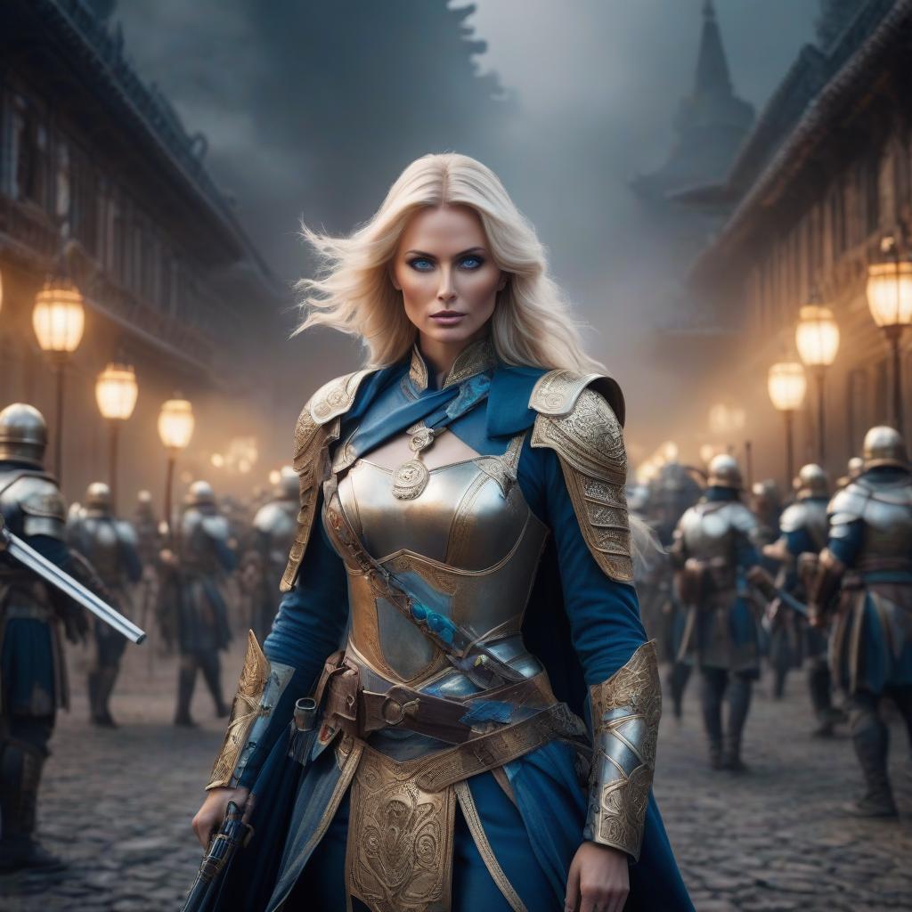  An advanced civilization of the past features a blond woman with blue eyes and full sized weapons. hyperrealistic, full body, detailed clothing, highly detailed, cinematic lighting, stunningly beautiful, intricate, sharp focus, f/1. 8, 85mm, (centered image composition), (professionally color graded), ((bright soft diffused light)), volumetric fog, trending on instagram, trending on tumblr, HDR 4K, 8K