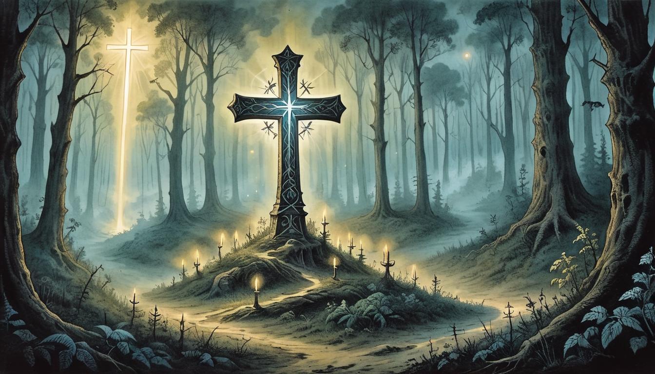  on parchment, surrealism+++, A illuminated cross at the center of a darkened forest, beams of light emanating from it, symbolizing faith guiding the way, divine light, unwavering trust(mysterious, provocative, symbolic,muted color)+++