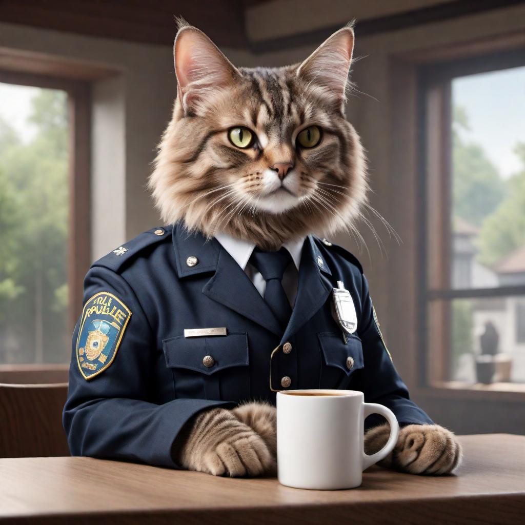  A meme with a very human-like cat dressed in a police uniform, sitting at a table. The cat is holding a handgun and a coffee mug. There’s a caption at the top that says "I HAVEN'T HAD MY COFFEE YET" and at the bottom "DON'T PURRR-SUE ME". The scene plays on the phrase "don't pursue me" with a humorous twist, replacing "pursue" with "purr-sue," referencing the sound that cats make. The cat looks irritated. hyperrealistic, full body, detailed clothing, highly detailed, cinematic lighting, stunningly beautiful, intricate, sharp focus, f/1. 8, 85mm, (centered image composition), (professionally color graded), ((bright soft diffused light)), volumetric fog, trending on instagram, trending on tumblr, HDR 4K, 8K